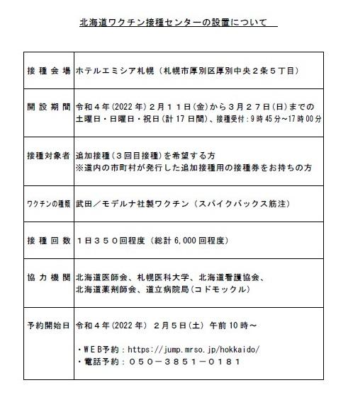 北海道ワクチン接種センターの設置について